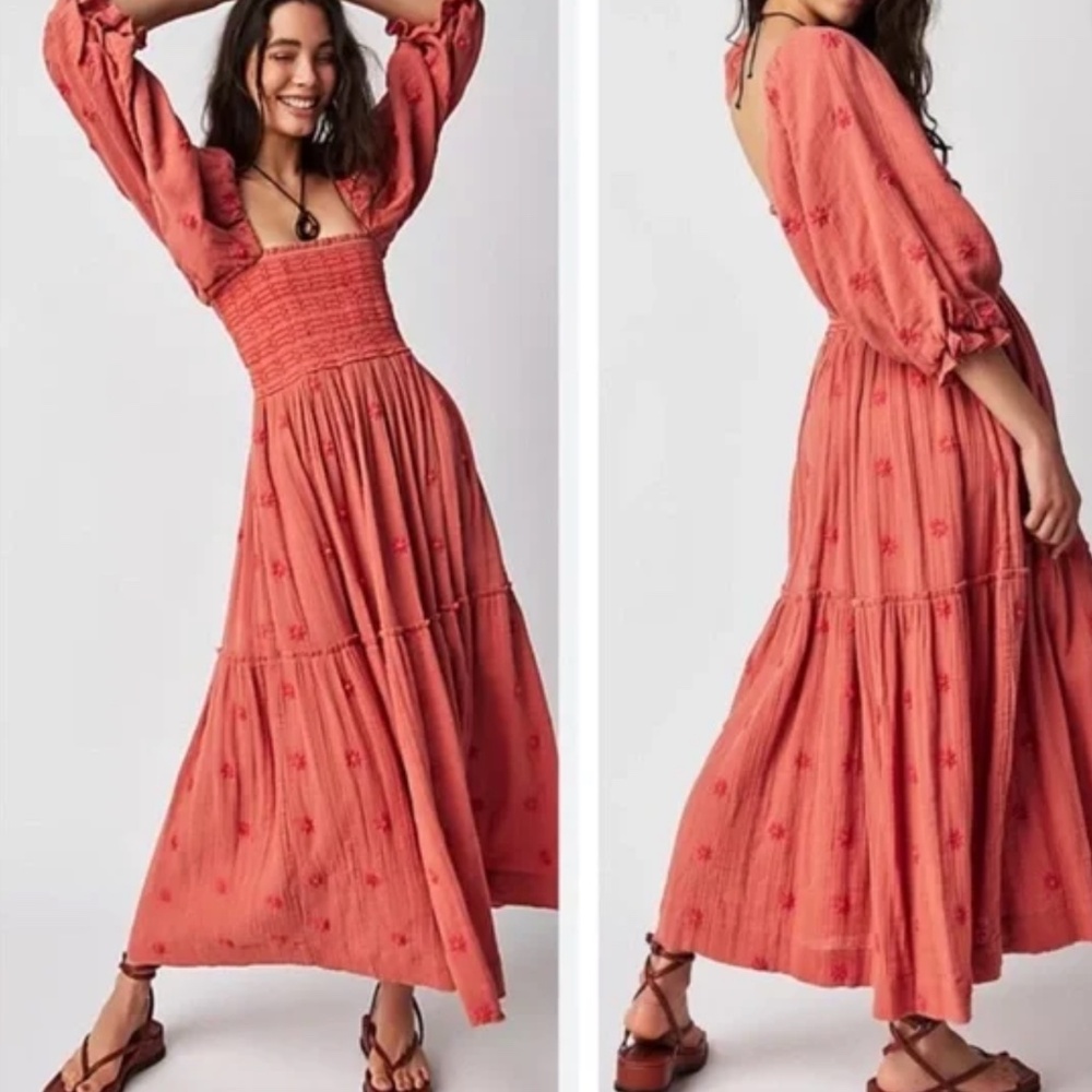 NWT FREE PEOPLE Dahlia Embroidered Maxi Dress Size XS Melon